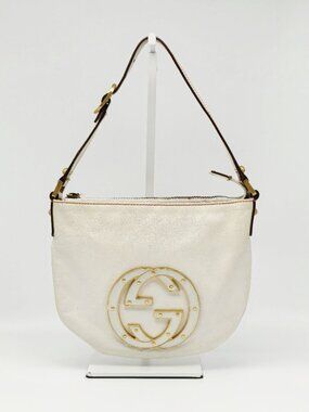 Gucci Britt Leather Hobo Bag Ivory GG Logo Gold Hardware Vintage Shoulder Bag